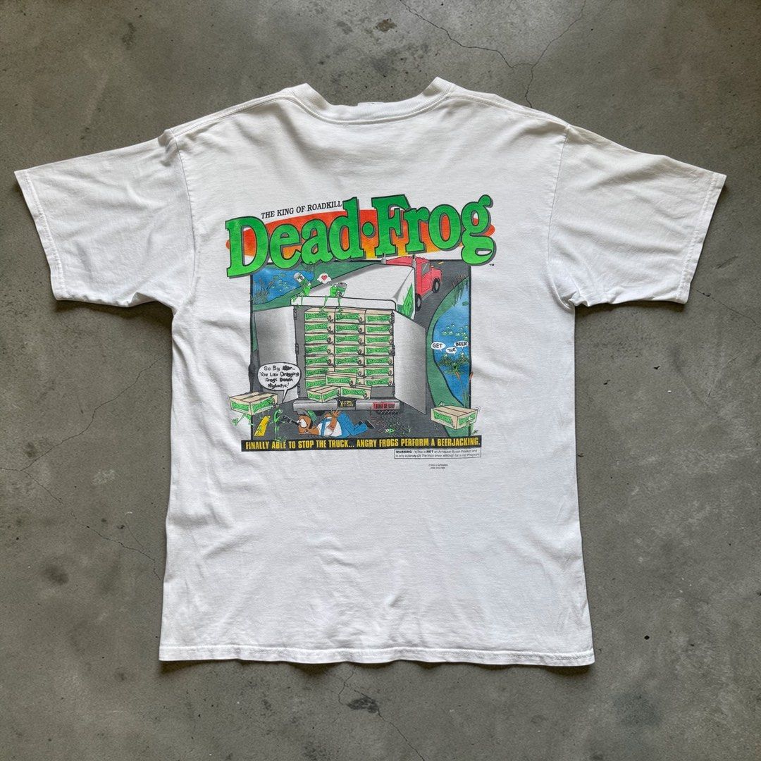 1995 Dead Frog Budweiser Parody Tee (Category: Tshirts & Polo Shirts ) located in Pasig City. Submitted by hoardwrld (Listing ID 1439388701, Image 1). Description: Width: 23.5 Length: 31 - White Dead Frog T-shirt - Size: XL - Features: - Front graphic: Frogs and beer - Back graphic: Frogs and beer with "The King of Roadkill" and "Finally able to stop the truck... Angry frogs problem & beerjacking" - Brand: Gildan.