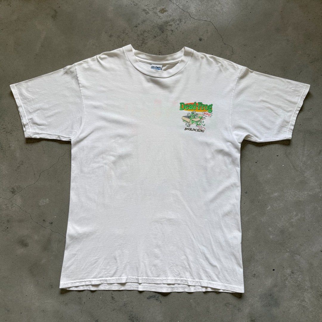 1995 Dead Frog Budweiser Parody Tee (Category: Tshirts & Polo Shirts ) located in Pasig City. Submitted by hoardwrld (Listing ID 1439388701, Image 2). Description: Width: 23.5 Length: 31 - White Dead Frog T-shirt - Size: XL - Features: - Front graphic: Frogs and beer - Back graphic: Frogs and beer with "The King of Roadkill" and "Finally able to stop the truck... Angry frogs problem & beerjacking" - Brand: Gildan.