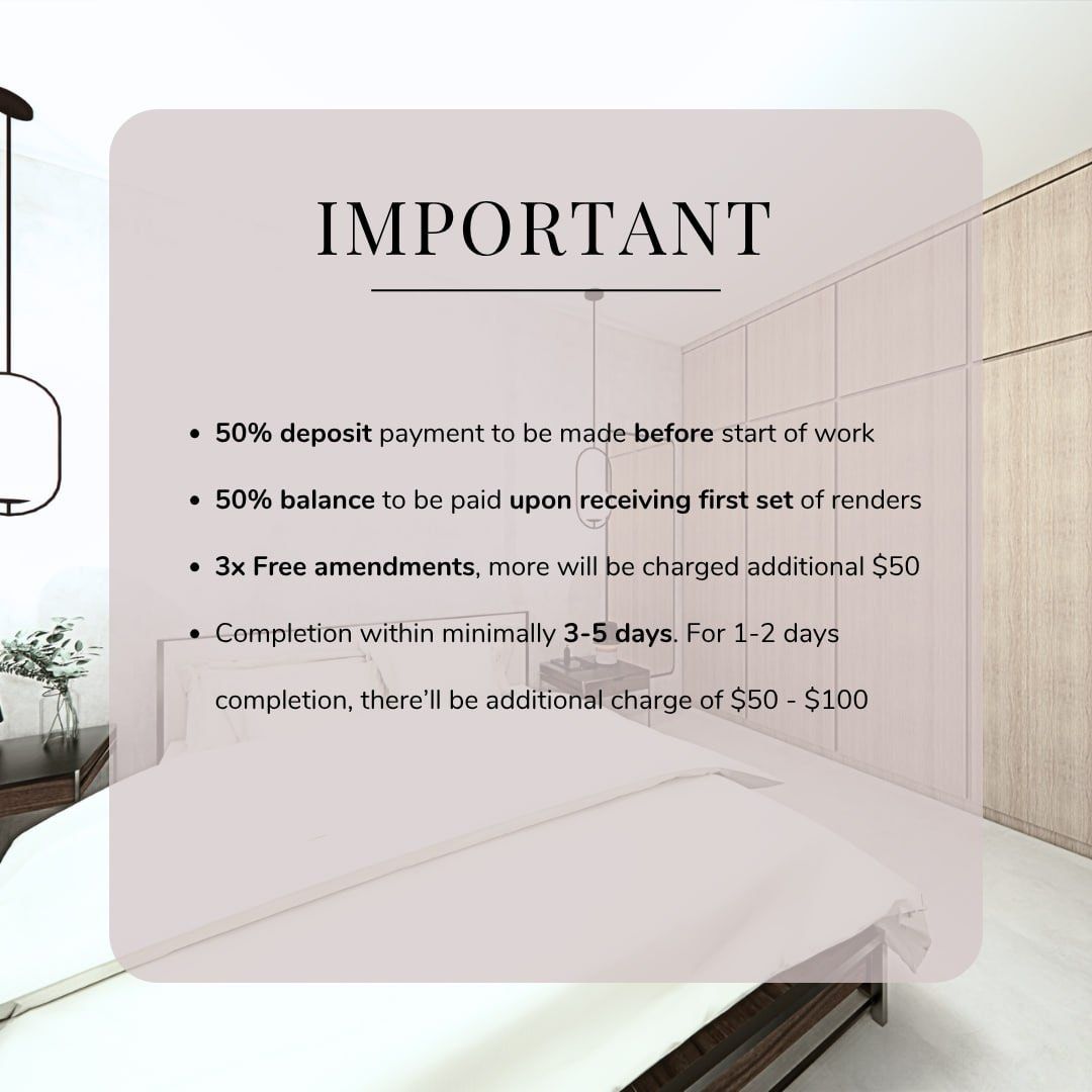 3D Rendering Services (Category: Printing, Design & Marketing) located in Singapore. Submitted by rawrrsungie (Listing ID 1439359285, Image 3). Description: Hey there! ✨ Looking to bring your spaces to life? We offer 3D rendering services for both residential and commercial spaces. 📸 Swipe/See images for our pricelist! 📋 Please read through our important notes for details on the payment process and expected turnaround times. Drop us a PM if you