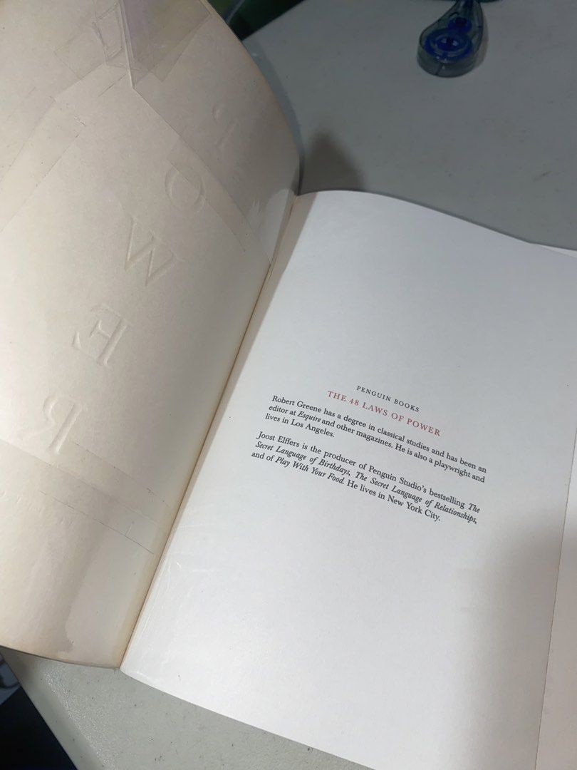 48 LAWS OF POWER (Category: Storybooks) located in Cagayan de Oro. Submitted by tanned.books.declutter (Listing ID 1439341750, Image 3). Description: Has foxing (pages are slightly yellow), secondhand so manage expectations, pm for inquiries ^^ Gcash Jnt.