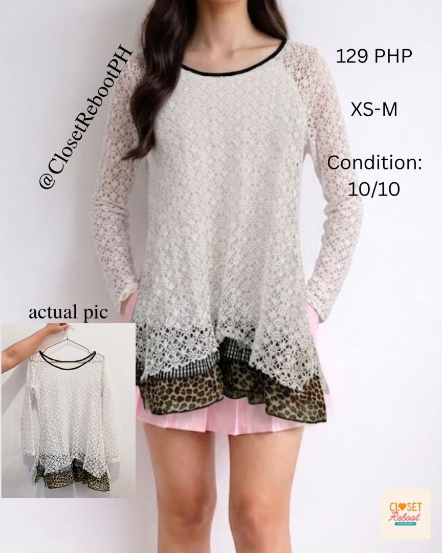 ✅ NEW ARRIVAL ✅ Y2K See-through Lace Longsleeves | Size XS-M | Preloved in Excellent Condition (Category: Longsleeves) located in Bacoor. Submitted by cloooooset_rebooooot (Listing ID 1439261420, Image 1). Description: No flaws Condition: 10/10 Can fit Extra Small to Medium.