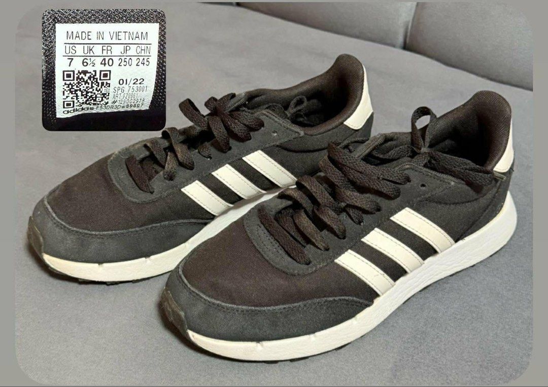 Adidas Sneakers Black and White (Category: Sneakers) located in Panay. Submitted by patpat_07 (Listing ID 1439378671, Image 1). Description: ALL ORIGINAL SHOES NO BOX USE NOT MORE THAN A YEAR - Adidas sneakers - Color: Black with white stripes - Size: US 7, UK 6 1/2, FR 40, JP 250, CHN 245 - Features: Dark laces, padded collar - Made in Vietnam - Model: SPG 753001 - Article: F30830W90067.