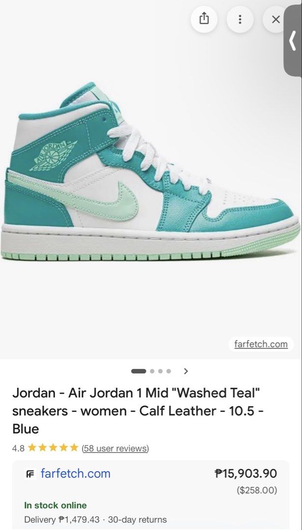 Air Jordan 1 Mid "Washed Teal" Sneakers (Category: Sneakers) located in Santa Rosa. Submitted by debbiane26 (Listing ID 1439396376, Image 2). Description: - Air Jordan 1 Mid "Washed Teal" sneakers - Colorway: Teal, white, and light green - Mid-top design - Lace-up closure - Air Jordan wings logo on the side - White sole with light green outsole - Bought for ₱10,000.