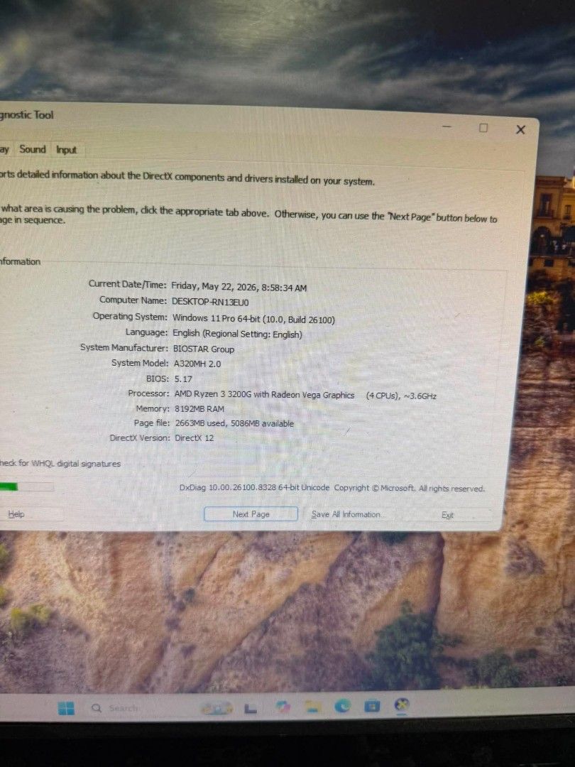 Amd ryzen system unit (Category: Desktops) located in Manila. Submitted by happyearth.953a15 (Listing ID 1439257720, Image 3). Description: Amd ryzen system unit Ryzen 3 3200G BioStar A320MH 2.0 mobo AMD Radeon Vega 8 Graphics 8gb ram ddr4 single 120gb ssd Windows 11 pro OS PSU with tempered casing Wala lang backplate With power cord 💸💸 7,500 Location: San Andres bukid manila Pick up or deliver.