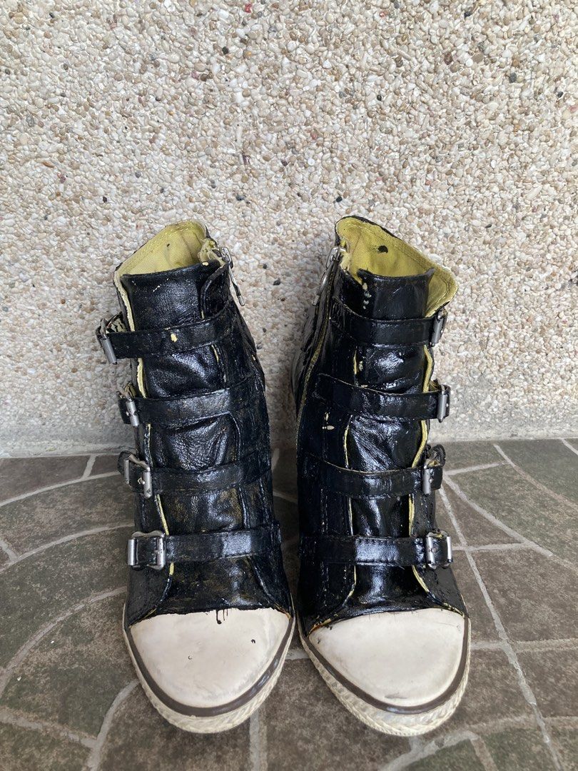 Ash Buckled Wedge Sneakers (Category: Sneakers) located in Rizal. Submitted by vi0l3t_j9m (Listing ID 1439342594, Image 1). Description: - repainted (originally color green as you can see in the interior of the shoe) - has overlapping paints - 8/10 condition - heel problem (just need to glue it down) - 4 inches heel - size 38 - see photos for actual when worn *negotiable for sure buyer!.