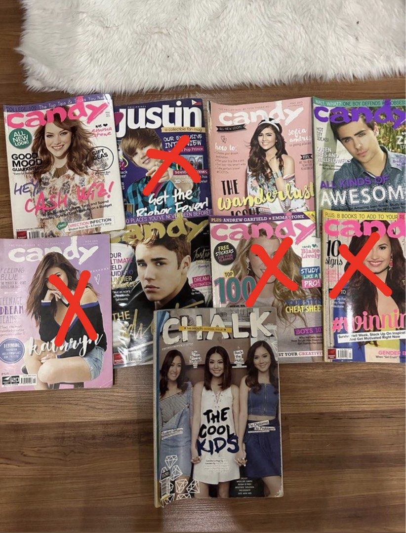 Assorted Candy and Chalk Magazine (Category: Magazines) located in Cainta. Submitted by abivc (Listing ID 1430331091, Image 2). Description: Random months between 2012-2015 Selling cheap to declutter Candy mag & CHALK price per piece 60php Justin Bieber candy mag price 100php ✖️means SOLD ✖️Kathryn Bernardo ✖️Blake Lively ✖️Demi Lovato ✖️Justin Bieber collector mag.