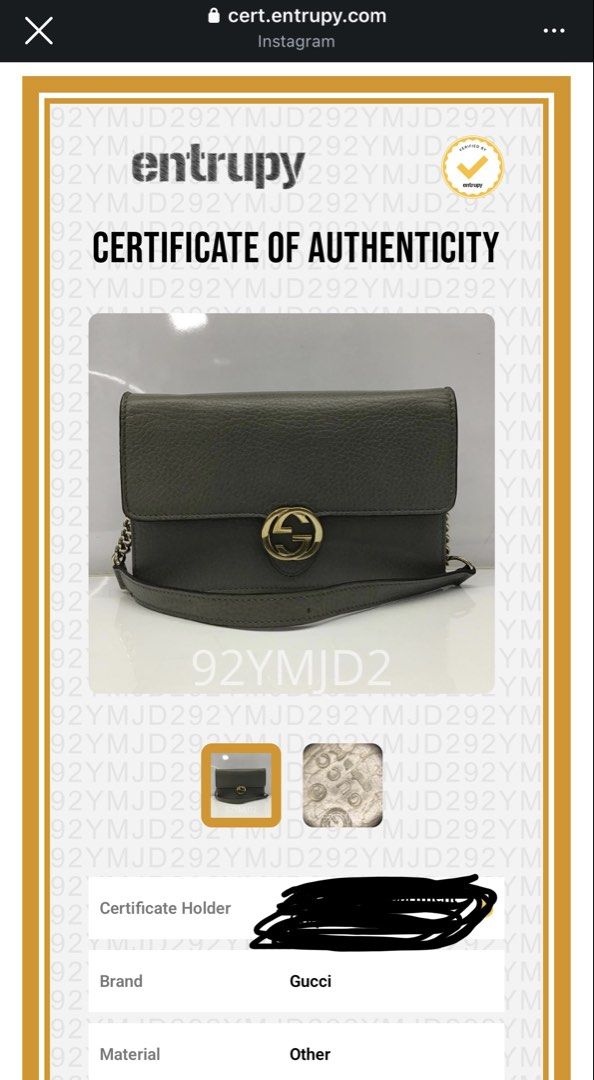 Authentic Gucci Chain Wallet (Category: Luxury Bags & Wallets) located in Cavite. Submitted by loadeadgears (Listing ID 1439345394, Image 1). Description: - Authentic Gucci chain wallet - Grey color - Gold-tone chain strap and hardware - Multiple interior compartments - Includes Entrupy certificate of authenticity - Minor wear on zipper - Textured leather exterior.