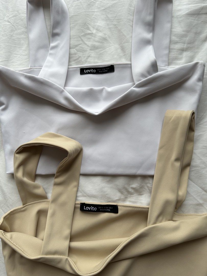 basic square neck tanks (Category: Sleeveless) located in Singapore. Submitted by ch.erry (Listing ID 1439320161, Image 2). Description: - white and beige Lovito square neck tank tops - Size: S - Condition: Excellent - Material: buttery and smooth - worn a few times, very comfortable and light material dm for measurements! both for $12.