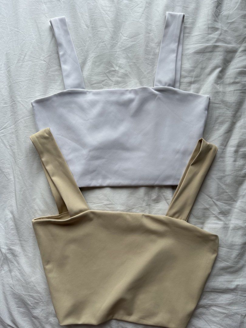 basic square neck tanks (Category: Sleeveless) located in Singapore. Submitted by ch.erry (Listing ID 1439320161, Image 1). Description: - white and beige Lovito square neck tank tops - Size: S - Condition: Excellent - Material: buttery and smooth - worn a few times, very comfortable and light material dm for measurements! both for $12.