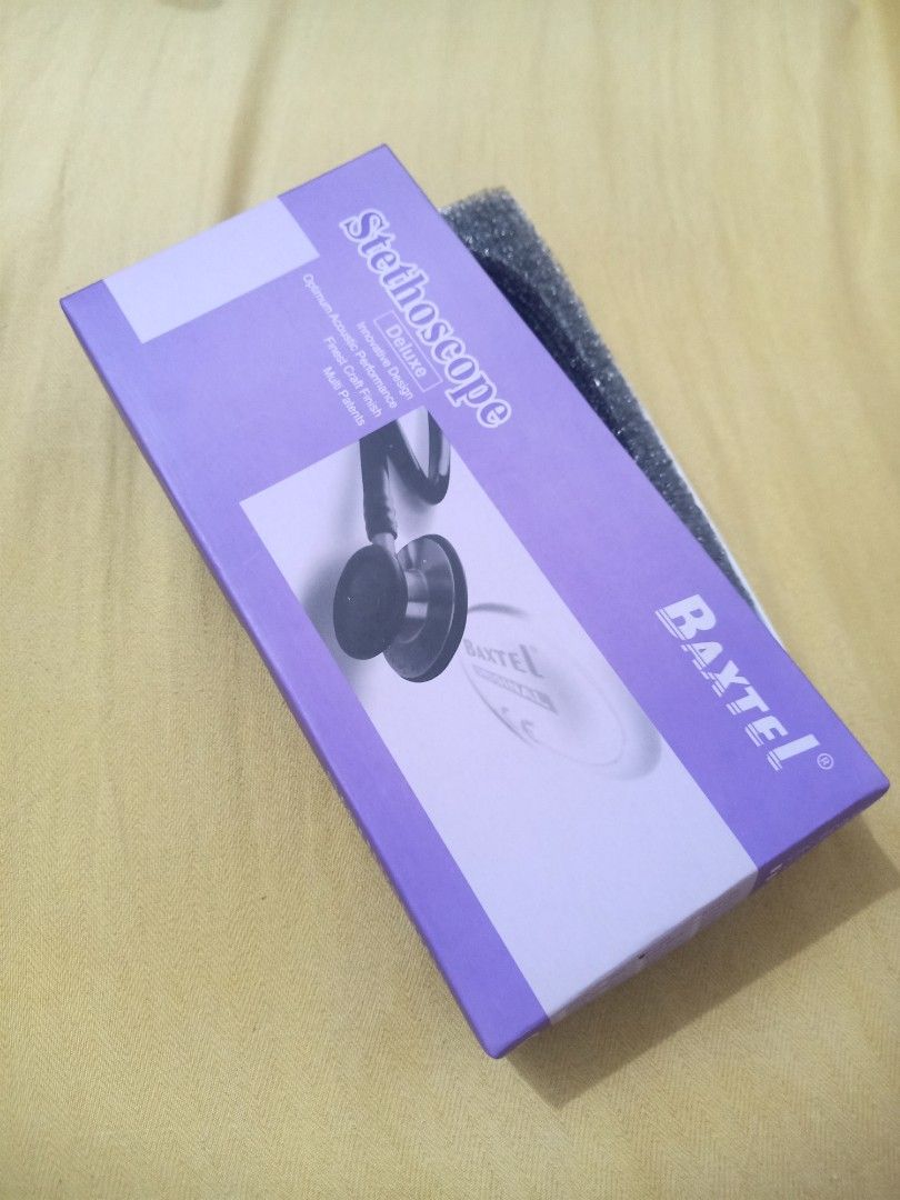 Baxtel Stethoscope (Category: Medical Supplies & Tools) located in Quezon City. Submitted by prlvd_clths (Listing ID 1439394811, Image 2). Description: - Baxtel stethoscope - Blue tube - Silver chest piece - Original purple and white box included - Comes with ear tips - Ready for immediate use.