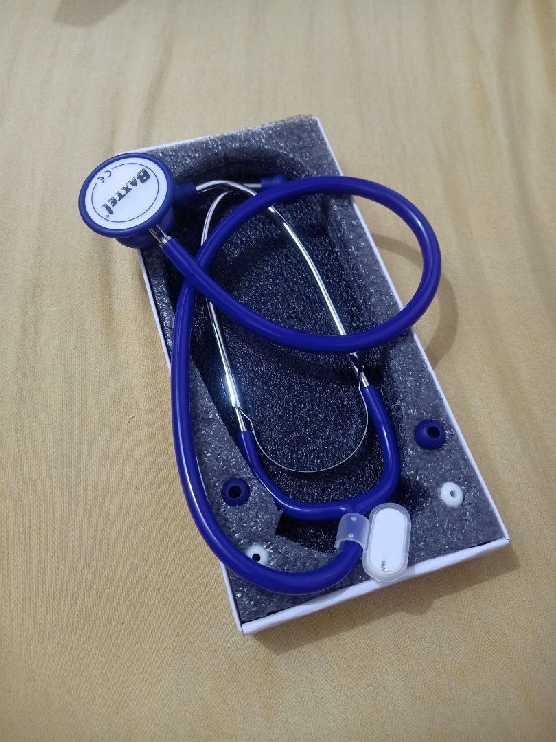 Baxtel Stethoscope (Category: Medical Supplies & Tools) located in Quezon City. Submitted by prlvd_clths (Listing ID 1439394811, Image 3). Description: - Baxtel stethoscope - Blue tube - Silver chest piece - Original purple and white box included - Comes with ear tips - Ready for immediate use.