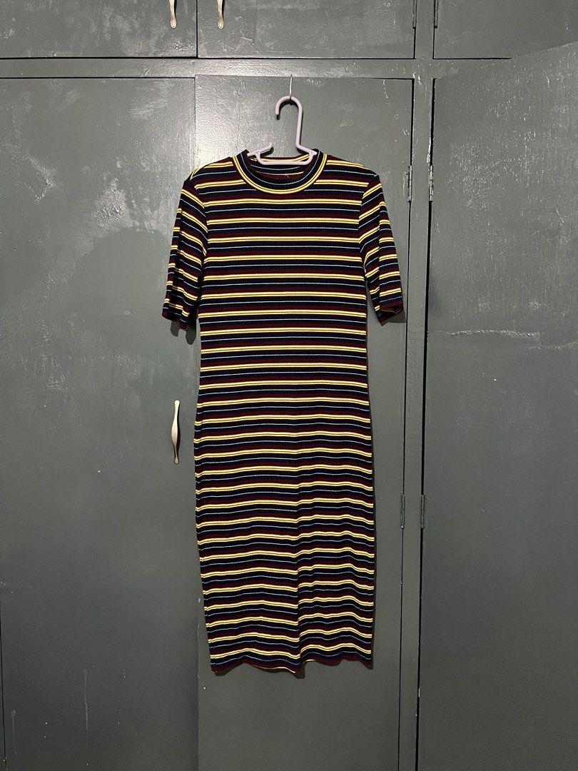 Bench Striped Bodycon Dress - Size L (Category: Dresses) located in Antipolo. Submitted by chi._.declutters (Listing ID 1439352068, Image 1). Description: RFS: need funds - Bench bodycon dress - Size: L - Design: Striped - Colors: Navy blue, yellow, maroon - Texture: Ribbed - Neckline: Round - Sleeves: Short - Length: Midi.
