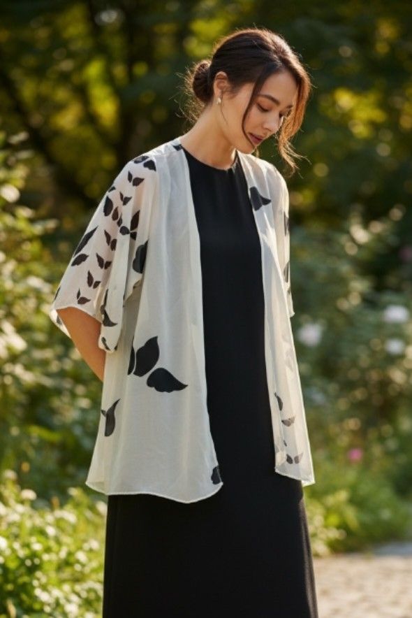 Black & White Print Kimono Cover-up (Category: Coats, Jackets and Outerwear) located in Las Pinas. Submitted by homedispatch (Listing ID 1439351798, Image 1). Description: Product: Black & White Kimono Top Condition: Like new Price: ₱150 Size: Free size Dimensions (approx. when laid flat): • Length: 25" • Shoulders: 15.5" • Underarm: 10" • Arm length: 13" Flaws: No noticeable flaws RfS: Decluttering *Model photos are digitally generated for styli