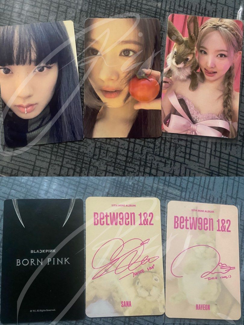 BLACKPINK Born Pink, Twice Between 1&2 Photocards (Category: K-Wave Merchandise) located in Imus. Submitted by ririprl (Listing ID 1439372264, Image 1). Description: NO TO SENSI Jisoo born pink - 100 Nayeon bunny - 120 Sana tomato - 100 (may ano sa mga gilid) .