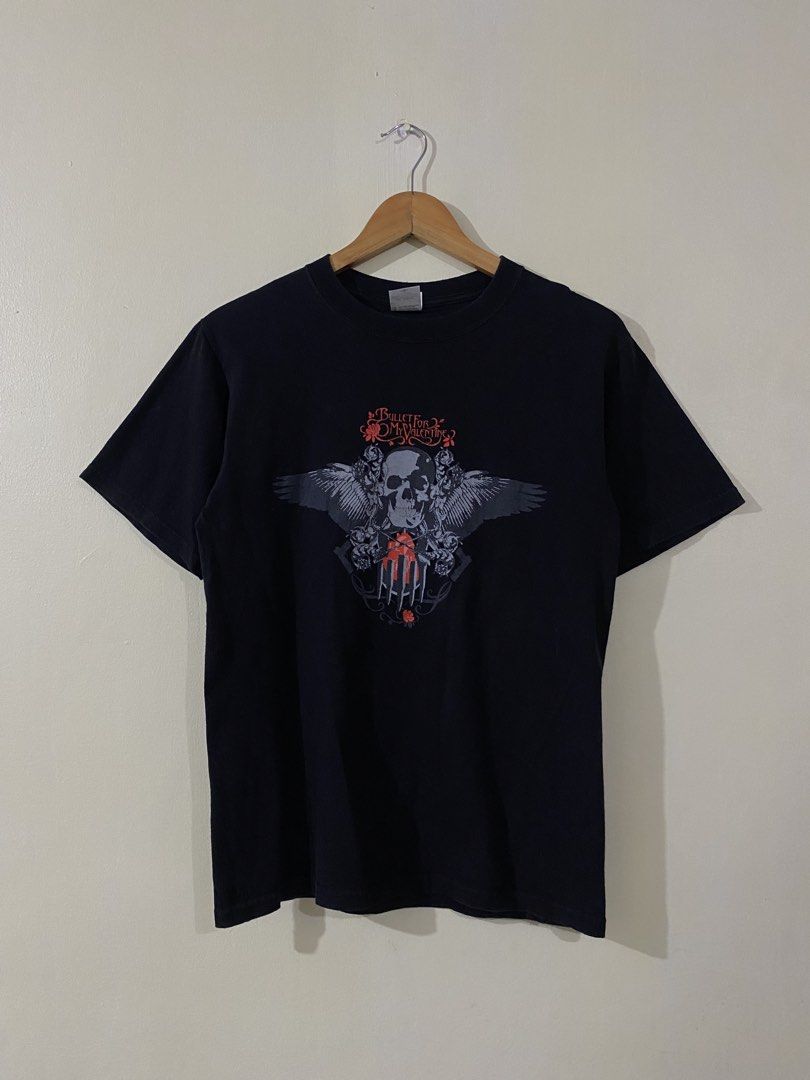 Bullet For My Valentine Band Tee (Category: Tshirts & Polo Shirts ) located in Manila. Submitted by _thriftanddrip (Listing ID 1439296888, Image 1). Description: Medium - Brand: Anvil - Design: Bullet For My Valentine graphic print (skull, wings, roses) - Style: Crew neck - Color: Black.