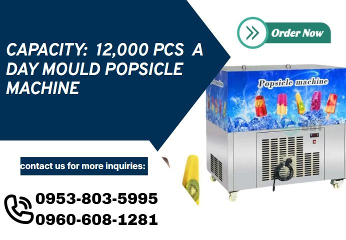 Capacity: 12,000 pcs a day mould popsicle machine (Category: Everything Else Others) located in Caloocan City. Submitted by baunsitshe84379 (Listing ID 1439265793, Image 1). Description: •Model:GS-4 •Voltage: 220V/50HZ •Power: 1.65kw •Dimension: 1080*670*1045mm •Capacity 12000 Pcs/day •Refrigerant: R22 •Weight:130kg .