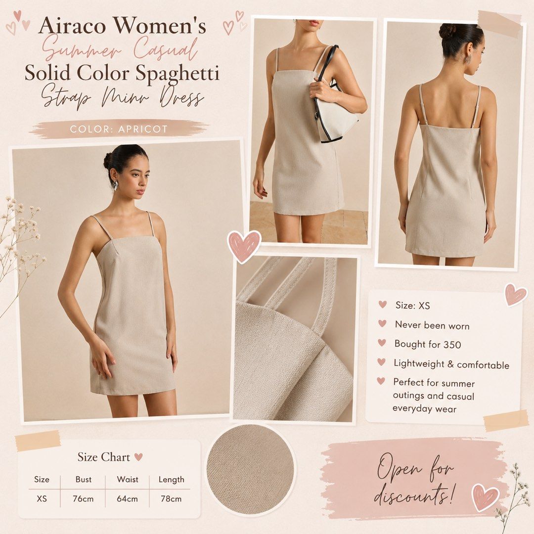[Shein] Casual Mini Dress (Category: Dresses) located in Manila. Submitted by summerdeclutters (Listing ID 1439150733, Image 1). Description: Airaco Women’s Summer Casual Solid Color Spaghetti Strap Mini Dress ☀️ ♡ Color: Apricot ♡ Size: XS ♡ Never been worn ♡ Lightweight and comfy fabric ♡ Simple yet flattering fit ♡ Perfect for everyday wear ✨ ♡ Bought for ₱350 Perfect for summer outings, beach trips, café dates, and casual fits 🌼 Open for dis