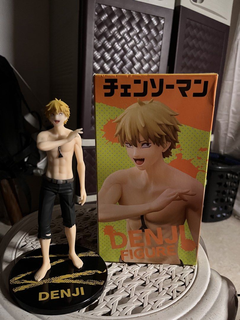 Chainsaw Man Denji Figure (Category: Toys & Games) located in Surigao. Submitted by omuryce (Listing ID 1439389582, Image 1). Description: - Denji figure from Chainsaw Man. - Includes original box. - Figure depicts Denji shirtless. - Features black pants and a base with his name. - Box has Chainsaw Man logo and figure image. - Approximately 6 inches tall. +sf jnt shipping.