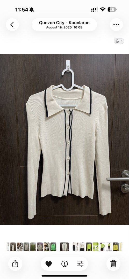 Cream Ribbed Cardigan with Black Trim (Category: Coats, Jackets and Outerwear) located in Quezon City. Submitted by silentshopperxx (Listing ID 1439261738, Image 3). Description: - Cream-colored ribbed cardigan - Black trim detailing - Collared neckline - Long sleeves - Button-up front - Slim fit - Knit fabric.