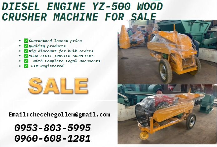 diesel engine YZ-500 wood crusher machine for sale (Category: Everything Else Others) located in Caloocan City. Submitted by sherylgoll09102 (Listing ID 1439311512, Image 1). Description: ●Engine: diesel with 25hp ●Capacity:1.5T/H ●Machine size:155*65*112cm ●Machine weight:480KG ●Inlet size:21*16cm ●Wood log size smaller than 10cm .