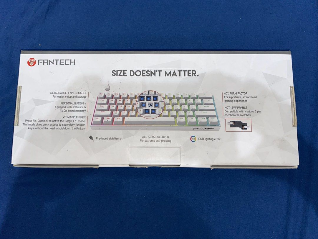 Fantech Maxfit61 60% Wired RGB Mechanical Keyboard (Blue Switch) (Category: Computer Keyboard) located in Makati City. Submitted by 3lcid (Listing ID 1439376244, Image 2). Description: - Brand new, never been used (Opened just to check everything) - All complete - Box condition: 8/10 - RFS: Need funds to buy new mouse Meetups: - SM Megamall, Rockwell Mall Makati Shipping: - Can do Lalamove (buyer pays and books shipping).