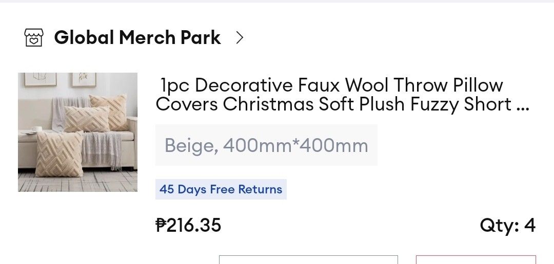 Faux Wool Decorative Throw Pillow Cover - Beige (Category: Cushions & Throws) located in Santa Rosa. Submitted by aeonflux_girl08 (Listing ID 1439270314, Image 3). Description: - Decorative throw pillow cover - Soft, plush faux wool material - Textured geometric design - Beige color - Size: 400mm x 400mm - Perfect for sofa or bed - Sold as set.