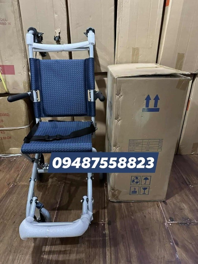 Folding Wheelchair with Blue Seat (Category: Wheelchairs) located in Manila. Submitted by brightflower_273879 (Listing ID 1439320682, Image 1). Description: - Folding wheelchair - Blue seat - Includes seatbelt - Features armrests - Lightweight and easy to maneuver - Comes with a box.