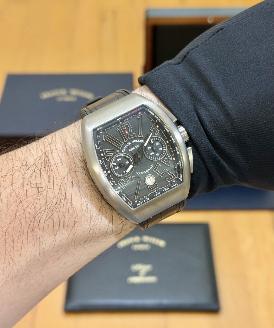 Franck Muller Vanguard Titanium 44mm (Category: Luxury Watches) located in Makati City. Submitted by timefocusph (Listing ID 1439405584, Image 1). Description: For sale: Franck Muller Vanguard TITANIUM • Ref. V45CCDT • 44mm case diameter • 9.5/10 condition (Like New) • Box and papers (UNDATED) Selling this for ₱465,000.00.