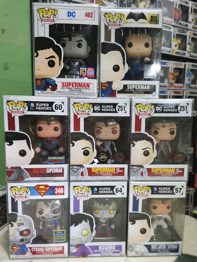 Funko Pop! DC Superheroes Superman Figures (Category: Figurines & Statues) located in San Pedro. Submitted by oopsiboughtanotherpop-oibap (Listing ID 1439272832, Image 1). Description: - Funko Pop! Superman collection - Features multiple Superman variants - Includes Cyborg Superman, Bizarro, White Lantern Superman, and Red Son Superman - All figures are in original boxes Superman Black Suit 1.2k Batman v Superman Superman 500 Superman from Flashp