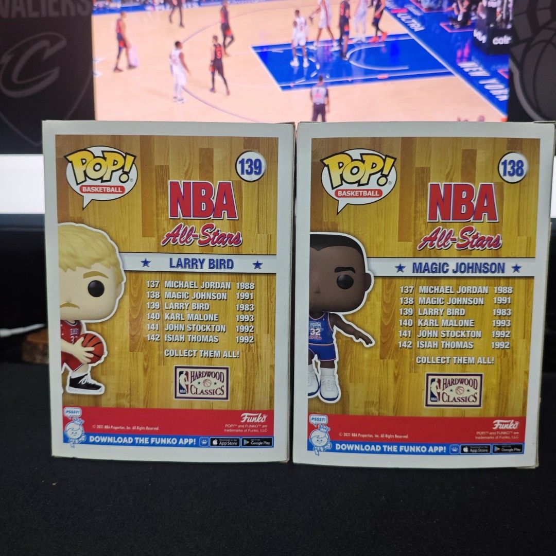 Funko Pop! NBA All-Stars Magic Johnson & Larry Bird (Category: Designer & Blind Box Toys) located in San Juan City. Submitted by cratemax (Listing ID 1439254872, Image 2). Description: Funko Pop! figures: Magic Johnson (138) and Larry Bird (139). - NBA All-Stars series. - Figures are in original packaging. - Boxes show other figures in the series. - Each figure is holding a basketball. 600 pesos for both San Juan Manila 📍 Cratemax Store Pick up,