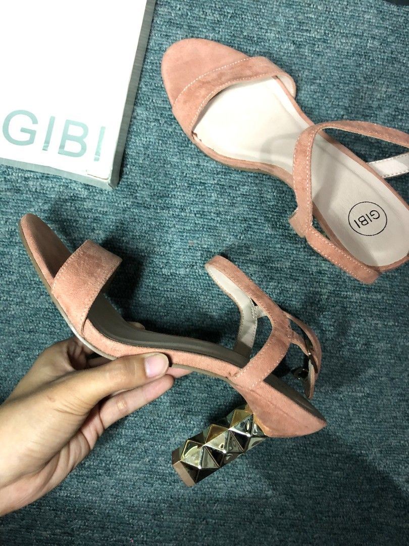 Gibi Pink Heeled Sandals (Category: Heels) located in Manila. Submitted by tine.sss (Listing ID 1439383139, Image 2). Description: - Gibi pink sandals - Unique geometric heel - Ankle strap - Suede-like texture - Includes original box - Size: 36.