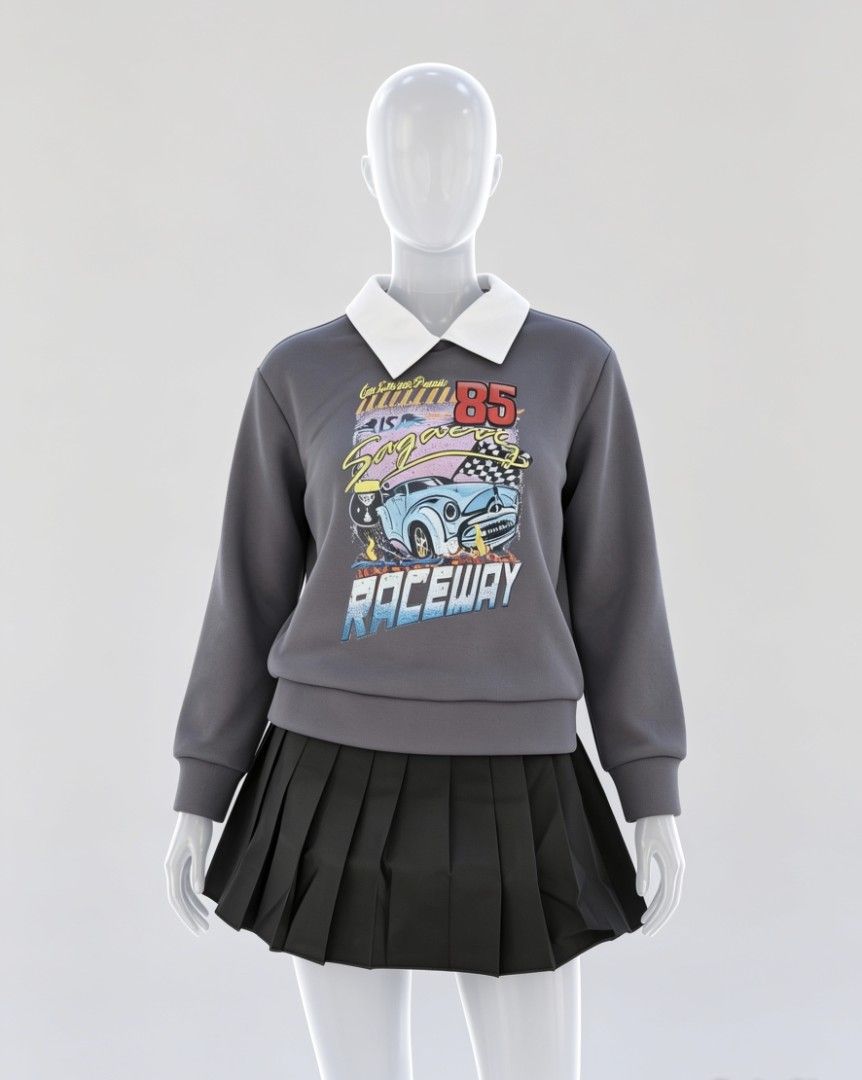 Graphic sweat shirt + Pleated skirt (Category: Babies & Kids Fashion) located in Quezon City. Submitted by bravecat.5433cd (Listing ID 1439382321, Image 1). Description: Product Details: - Item: 2-Piece Set – Graphic Sweatshirt + Pleated Skirt ​ - Brand: SHEIN Kids (age 2-4 years old) ​ - Color: Dark gray top / Black skirt ​ - Material: Soft, smooth knit fabric (top) | Lightweight woven fabric (skirt) ​ - Design Features: ✅ Long-sleeve sweatshirt