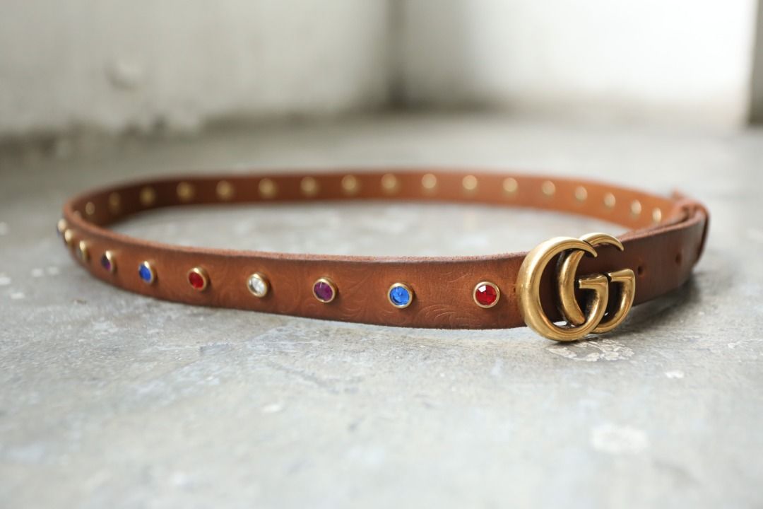 Gucci - GG Marmont Crystal Thin Belt (Category: Belts) located in Manila. Submitted by graymatter_ (Listing ID 1439347538, Image 1). Description: Gucci - GG Marmont Crystal Thin Belt Tagged Size: 90/36 Condition: 9/10 Material: Leather Made in: Italy Dimensions Length: 102cm Width: 2cm .