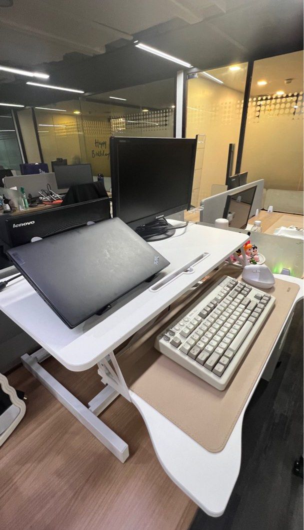 Height-adjustable Standing Desk Converter with Keyboard Tray (Category: Monitor Screens) located in Pasig City. Submitted by sml08 (Listing ID 1439380294, Image 3). Description: Bought it at ₱3,000 Laptop, monitor, keyboard, mouse not included.