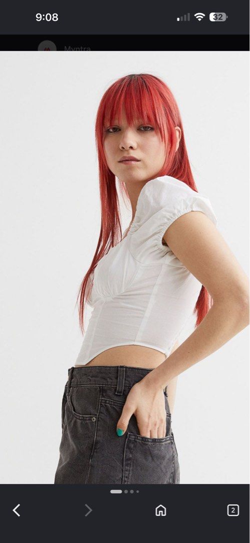 H&M White Puff Sleeve Crop Top (Category: Blouses) located in Bustos. Submitted by krjavier (Listing ID 1439256132, Image 3). Description: White crop top from H&M with puff sleeves. Features a square neckline and a fitted bodice. The back has shirring detail. The top has a unique asymmetrical hemline. Perfect for pairing with high-waisted bottoms. Made of a lightweight fabric. Can fit up to medium/semi-large.