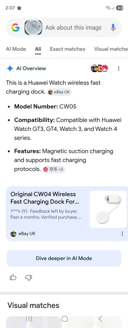 Huawei Watch Wireless Fast Charging Dock CW05 (Category: Chargers & Cables) located in Rodriguez. Submitted by Branded100 (Listing ID 1439300738, Image 2). Description: NO TO SCAMMERS🚫 Mag ingat po sa mga scammer, nagkalat na po sila.. - Compatible with Huawei Watch GT3, GT4, Watch 3, and Watch 4 series. - Wireless fast charging dock (Model: CW05). - Features magnetic suction charging. - Supports fast charging protocols. - Includes charging dock