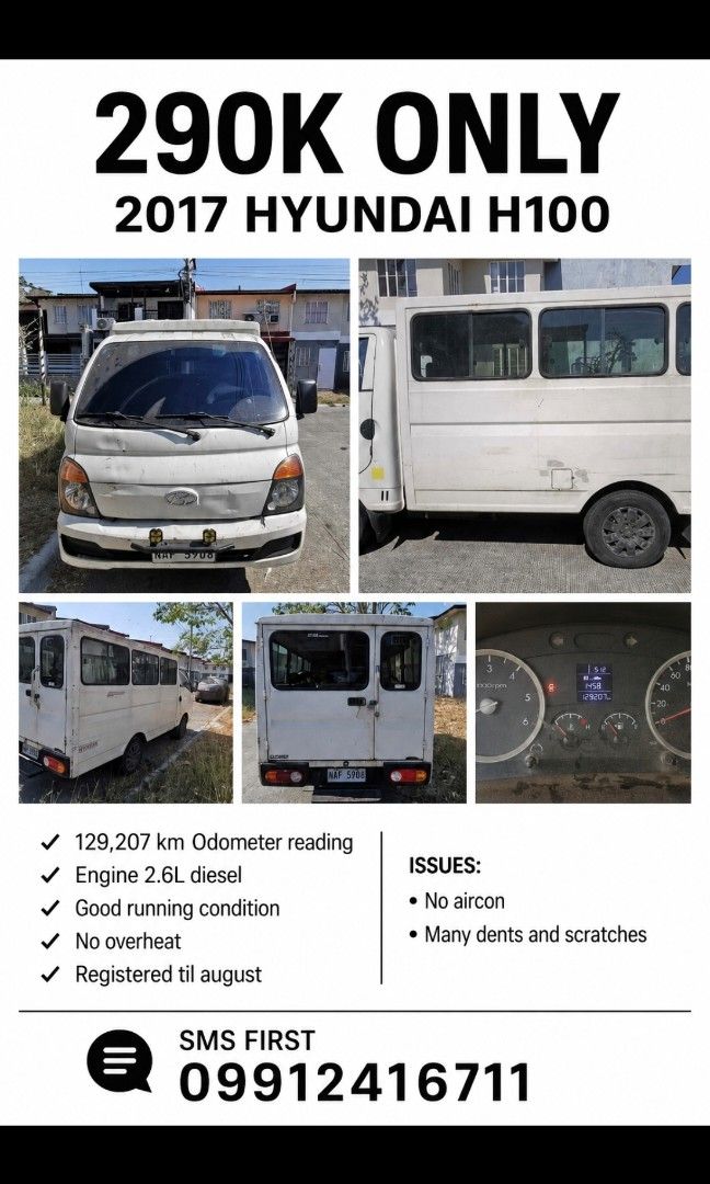 Hyundai H100 H100 Manual (Category: Used Cars) located in Manila. Submitted by papsikanto (Listing ID 1439362227, Image 1). Description: 2017 Hyundai H100 129,207 km Odometer reading Engine 2.6L diesel Good running condition No overheat Registered til august Issues no aircon and dents and scratches.