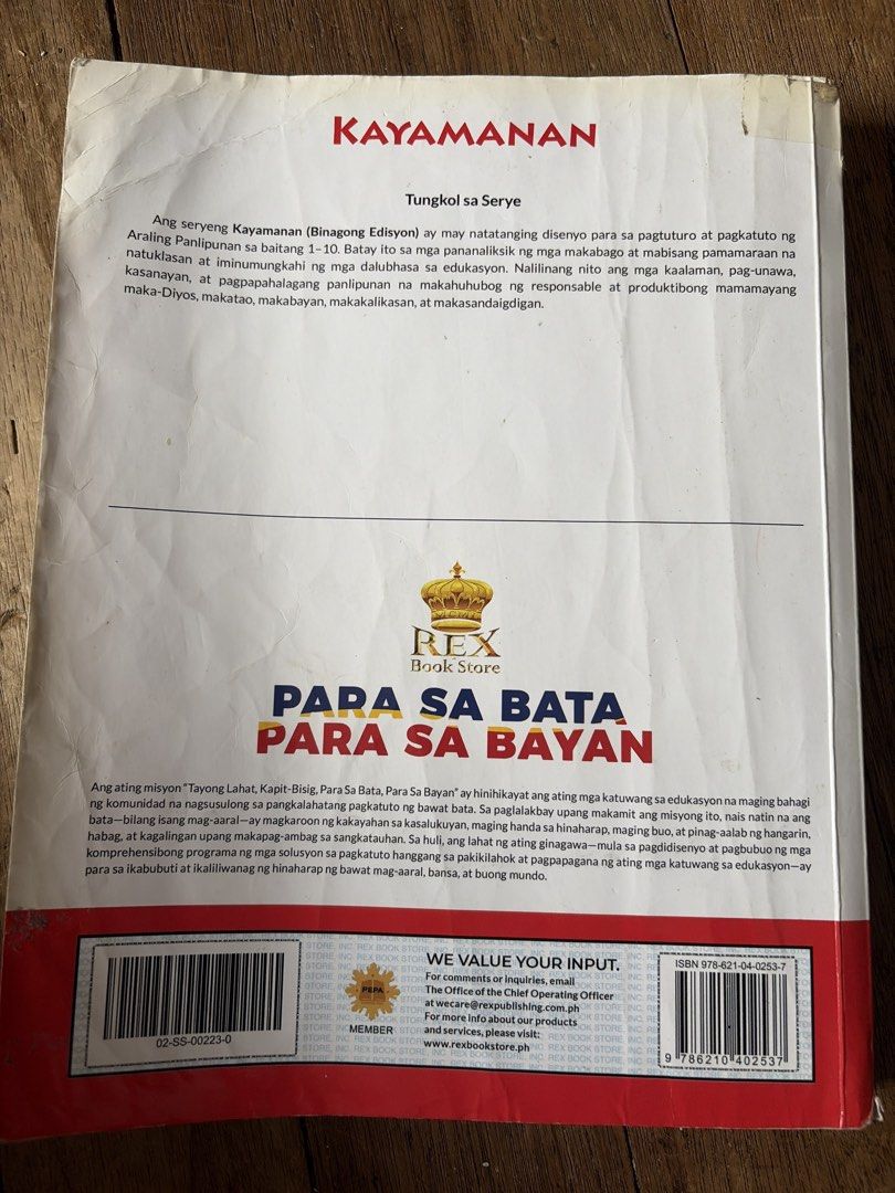 Kayamanan Grade 4 Textbook (Category: Textbooks) located in Quezon City. Submitted by thomascloset (Listing ID 1439314596, Image 2). Description: - Well-used (with few answered pages) - Grade 4 Kayamanan Textbook - Publisher: Rex Book Store - Subject: Araling Panlipunan (Social Studies) - Title: Batayan at Sanayang Aklat sa Araling Panlipunan - Language: Filipino - Edition: Binagong Edisyon - Contains text and images related to the subject matter