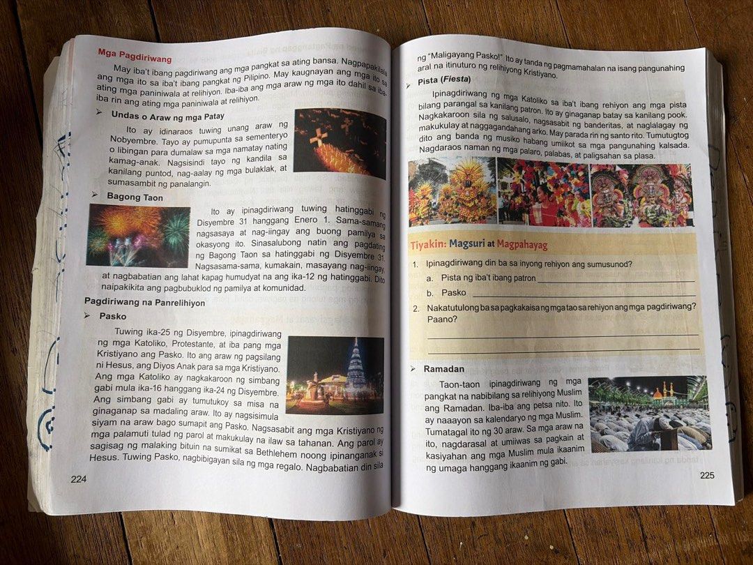 Kayamanan Grade 4 Textbook (Category: Textbooks) located in Quezon City. Submitted by thomascloset (Listing ID 1439314596, Image 3). Description: - Well-used (with few answered pages) - Grade 4 Kayamanan Textbook - Publisher: Rex Book Store - Subject: Araling Panlipunan (Social Studies) - Title: Batayan at Sanayang Aklat sa Araling Panlipunan - Language: Filipino - Edition: Binagong Edisyon - Contains text and images related to the subject matter
