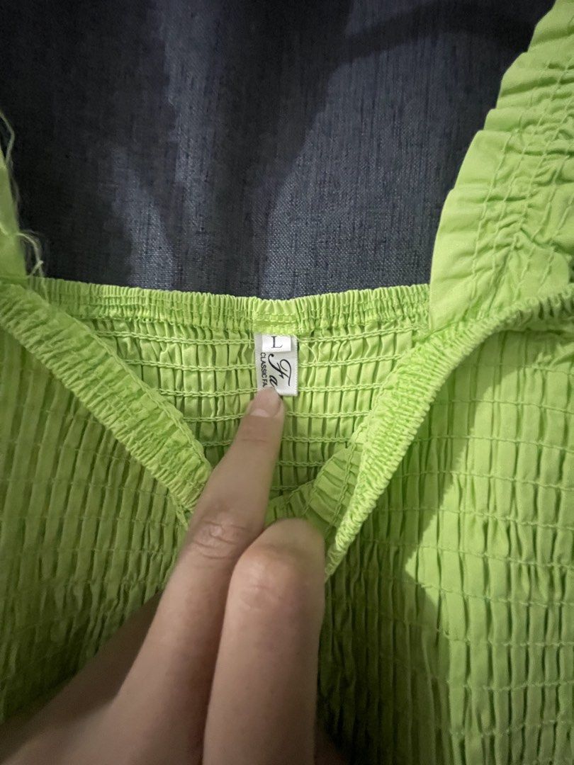 Lime Green Smocked Dress (Category: Dresses) located in Mabalacat. Submitted by thriftstorelikenew (Listing ID 1439382352, Image 3). Description: - Lime green midi dress - Smocked bodice - Tiered skirt - Wide straps - Solid color - Ideal for casual outings - Size tag included Size M-L.