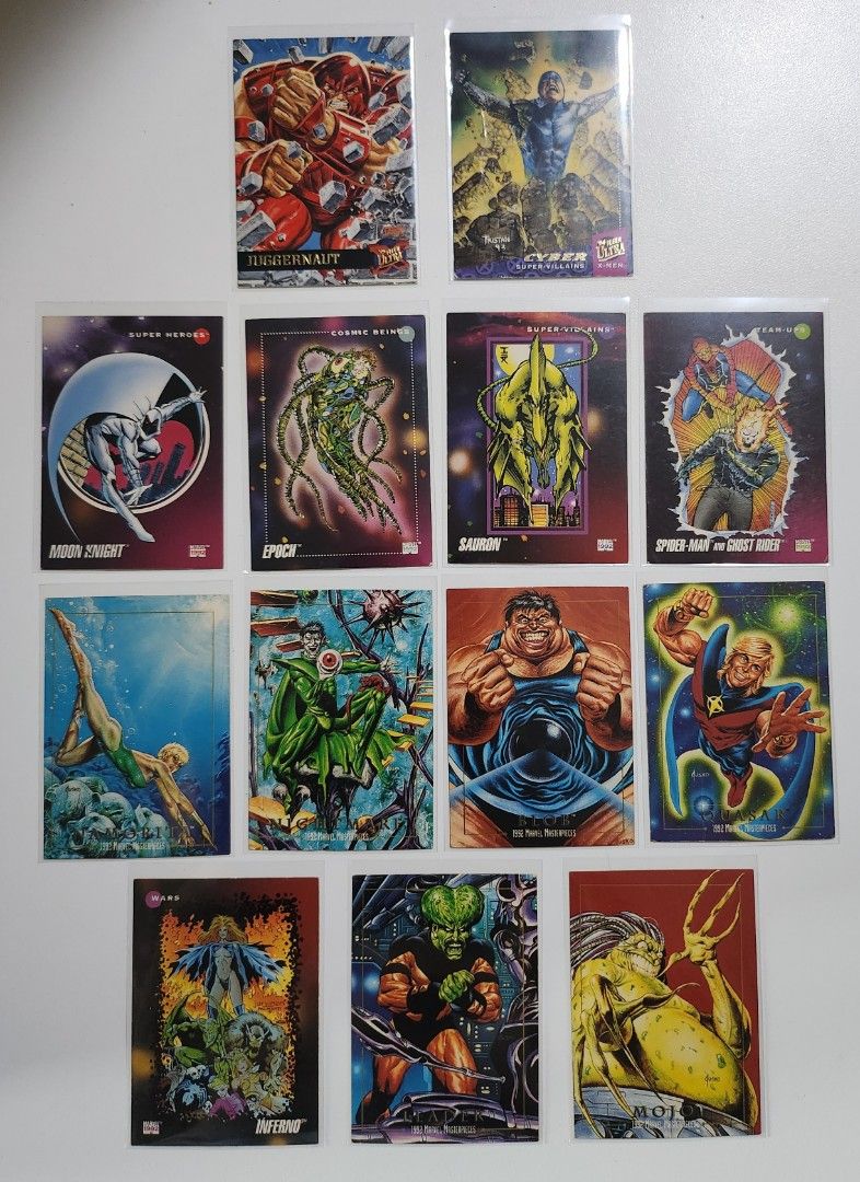 Marvel Cards - Skybox/Impel (Category: Raw Singles) located in Taguig. Submitted by sellout2ny (Listing ID 1439388890, Image 1). Description: Take all for 600 pesos - Marvel Masterpieces trading cards - Featuring characters like Juggernaut, Cyber, Spider-Man, Ghost Rider, and Moon Knight - From the 1992 series - Great for Marvel fans and trading card collectors.