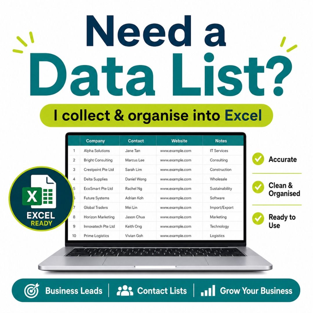 Need Business Leads or Data List? I Collect & Organise Into Excel (Category: IT & Programming) located in Singapore. Submitted by __lang (Listing ID 1066044405, Image 1). Description: Need a list of businesses, suppliers, contacts, shops, agents, websites, or other data but don’t want to spend hours copying and cleaning it? I help collect, clean, and organise data into Excel or Google Sheets so you can use it for research, sales, outreach, compar