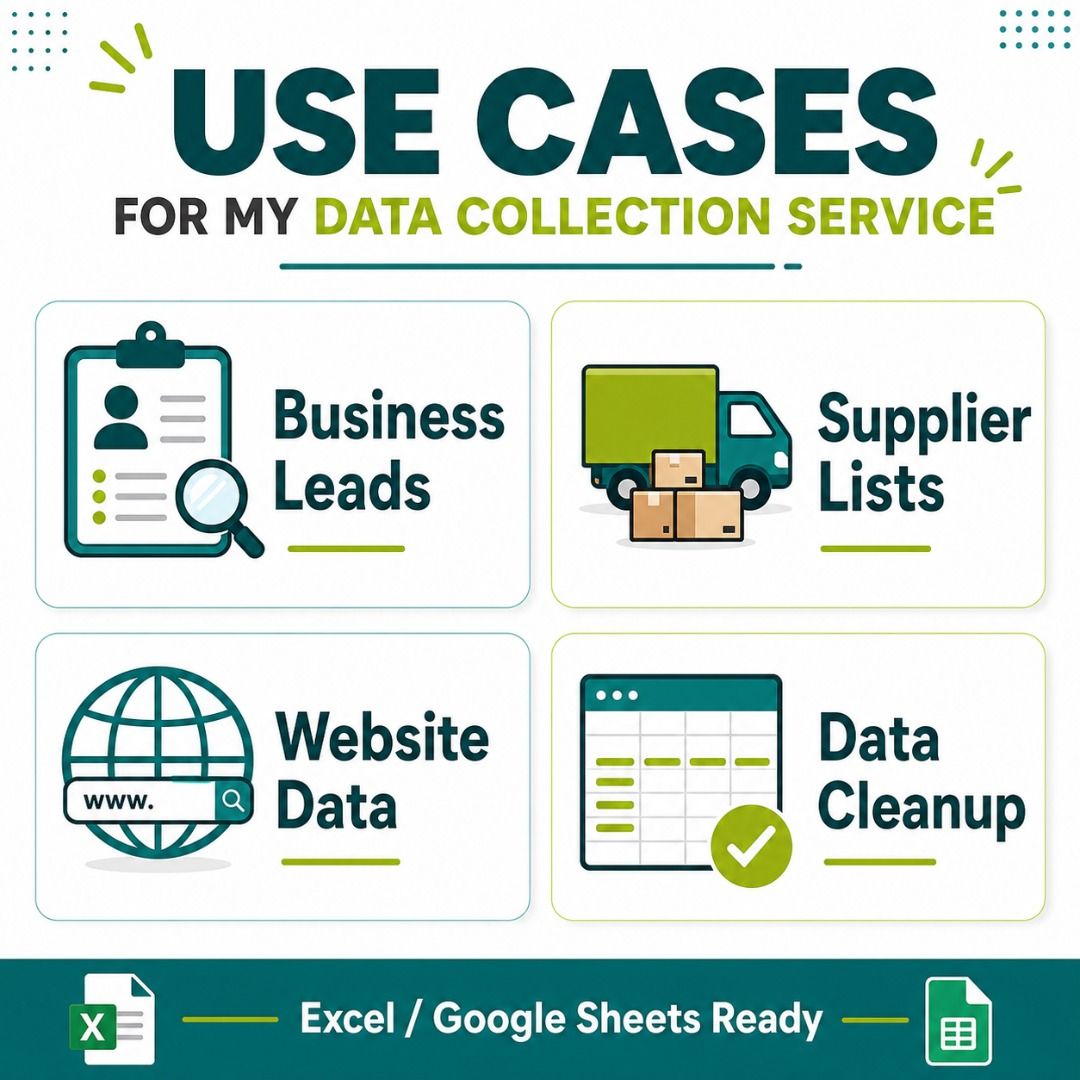 Need Business Leads or Data List? I Collect & Organise Into Excel (Category: IT & Programming) located in Singapore. Submitted by __lang (Listing ID 1066044405, Image 2). Description: Need a list of businesses, suppliers, contacts, shops, agents, websites, or other data but don’t want to spend hours copying and cleaning it? I help collect, clean, and organise data into Excel or Google Sheets so you can use it for research, sales, outreach, compar