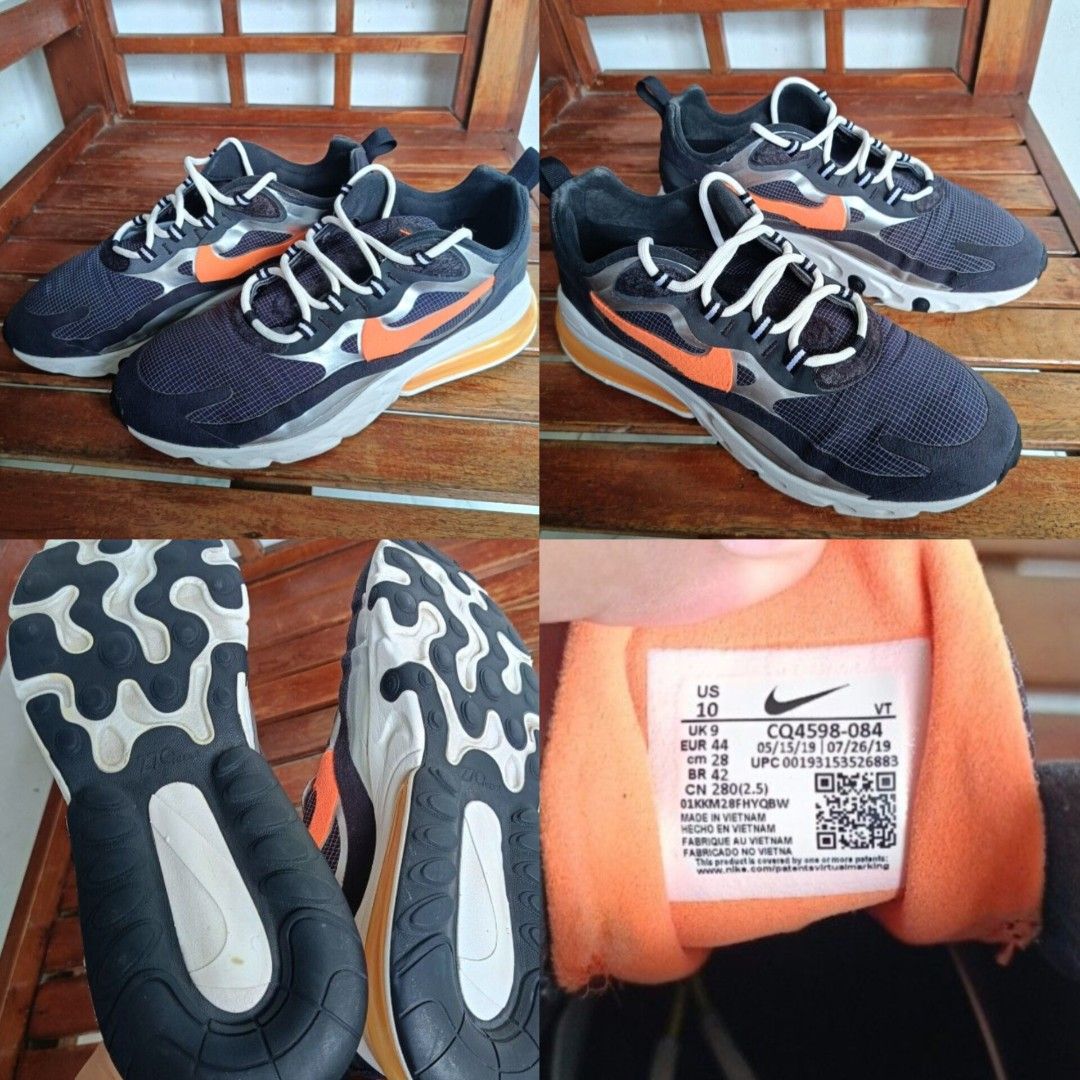 Nike Air Max 270 React - CQ4598-084 (Category: Sneakers) located in Panabo. Submitted by markgementiza18 (Listing ID 1439382110, Image 1). Description: Size 10/44 excellent condition No issue P1200 LBC cop shipping fee only.