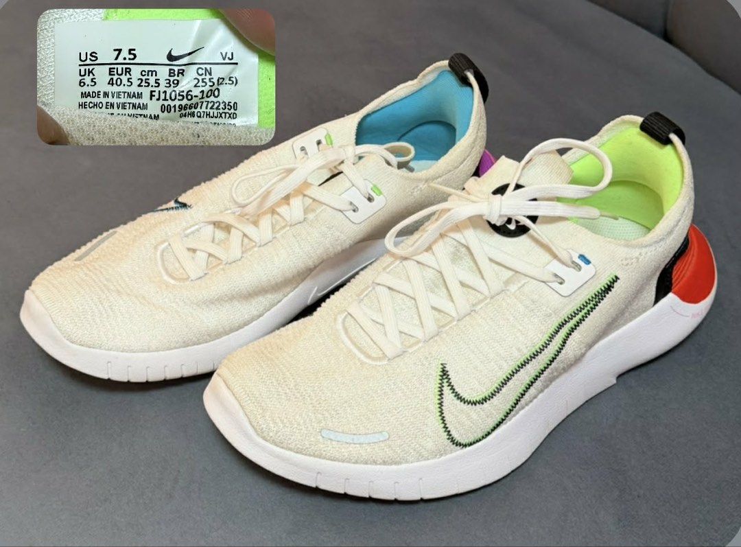 Nike Free RN 2023 Sneakers - US 7.5 (Category: Sneakers) located in Panay. Submitted by patpat_07 (Listing ID 1439379084, Image 1). Description: ALL ORIGINAL SHOES NO BOX USE NOT MORE THAN A YEAR - Nike Free RN 2023 - Size: US 7.5 - Color: Cream upper, white sole - Green stitched Nike swoosh - Blue and green inner lining - Made in Vietnam - Model: FJ1056-100.