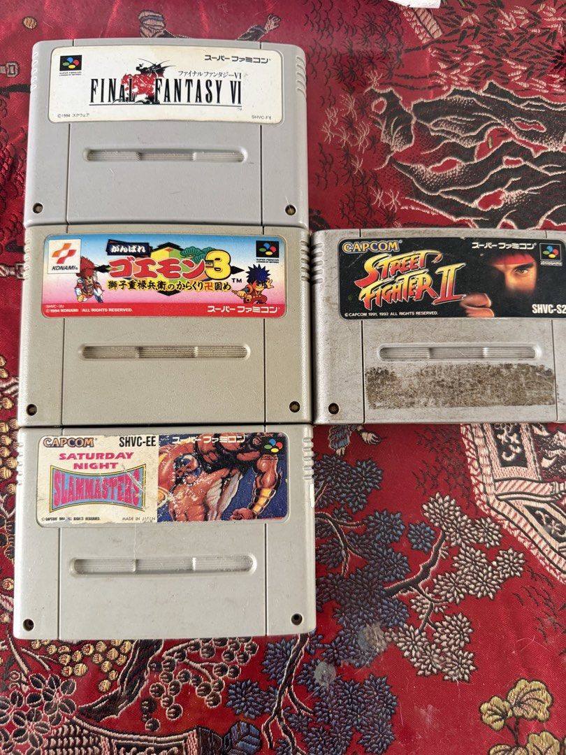 Nintendo Famicom Game Cartidges (Japan) (Category: Nintendo) located in Manila. Submitted by persona.zavier (Listing ID 1439326565, Image 1). Description: Japan Nintendo Super Famicom Games👾 Feel Free to Negotiate. Final Fantasy VI -200₱ Ganbare Goemon 3 -400 Saturday Night Slam Masters -500₱ Take all (Includes Street Fighter 2 for Free as Freebie) - 1000₱ Message me for Questions!!! Lalamove & Jnt (Buyer Shall Shoulder Fee) Msg For Meetup or Pi