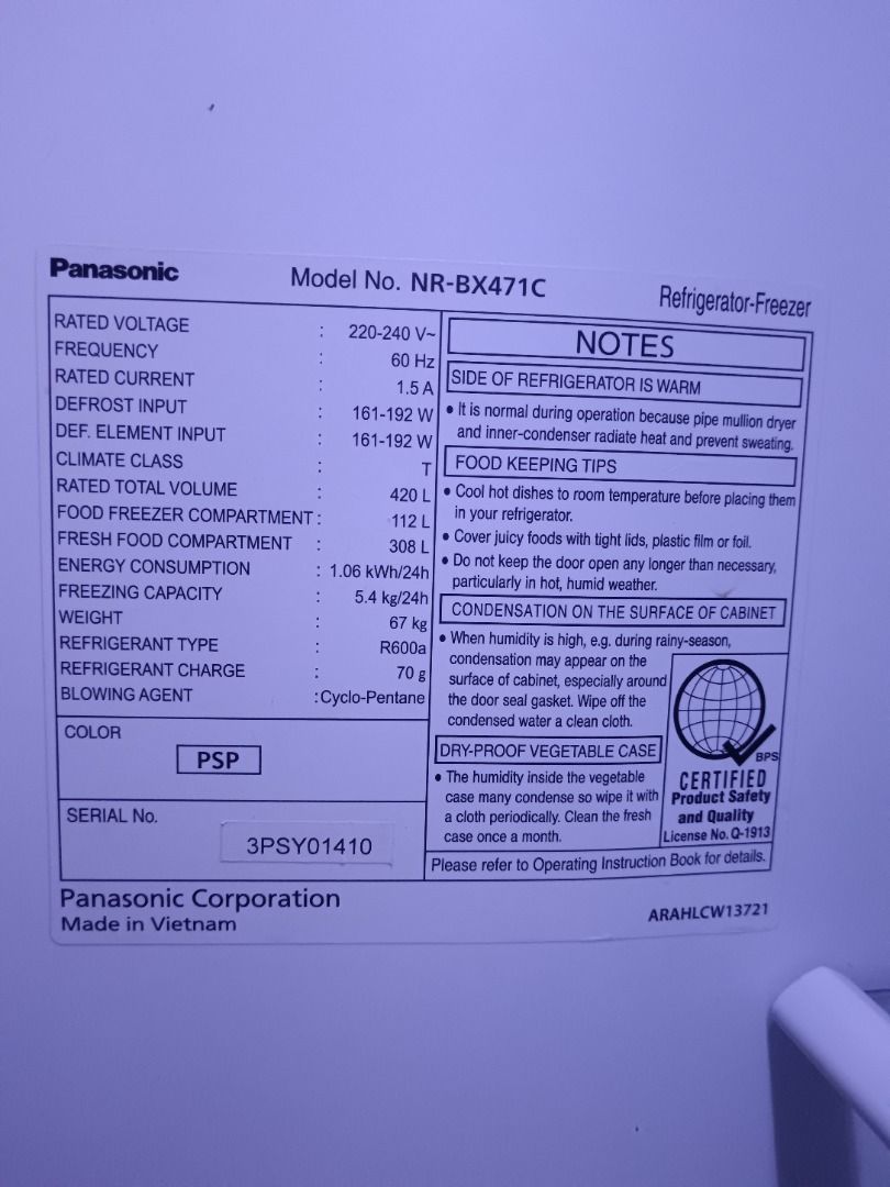 Panasonic NR-BX471C Inverter Refrigerator (Category: Refrigerators and Freezers) located in Caloocan City. Submitted by mmmmona01 (Listing ID 1439353319, Image 3). Description: Panasonic NR-BX471C Inverter Refrigerator ✅ 14.3 cu.ft. Capacity ✅ Fresh inside and out ✅ Less than 3 years used ✅ Inverter / Energy Saving ✅ Bottom Freezer Design ✅ Spacious and very cold Well maintained and in good working condition. PHP 25000 (slightly negotiable) Rfs d