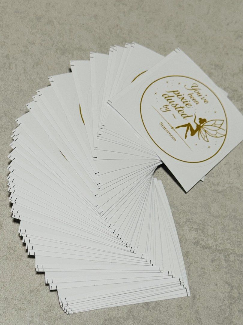 'Pixie Dusted' Stickers (Category: Other Stationery & Craft) located in Singapore. Submitted by strinity (Listing ID 1439349910, Image 1). Description: - Brand new stickers - You can write the stateroom on it ☺️ - Features a gold design. - Includes the phrase: 'You've been pixie dusted by Stateroom'. - Perfect for Disney cruise gifts - Sold in a bundle of 50pcs for $5 .