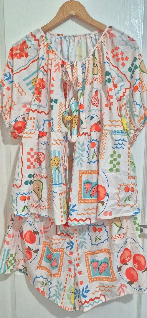 Plus size top and shorts set printed set fruit printed clothes comfy coords (Category: Undergarments & Loungewear) located in Pasig City. Submitted by EVENTexpress (Listing ID 1439334500, Image 2). Description: XL to XXL set of top and shorts, easy comfy wear, lounge around set, only 499 SALE‼️ can do packaged or bulk deals, larger discounts as you order more!! ✅ All in hand, available as long as posted, we always update reserved and sold piece/s