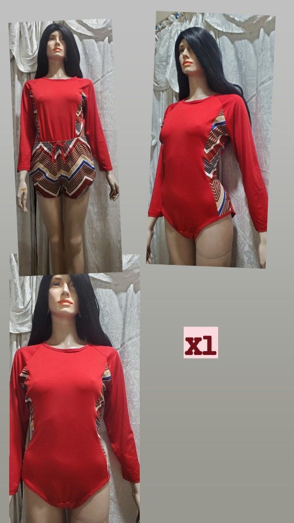 Preloved Swimwear Bundle (Category: Bikinis & Swimsuits) located in Manila. Submitted by gresha (Listing ID 1439251970, Image 2). Description: - Preloved swimwear bundle - Includes: - Red swimsuit (sizes L/XL) with patterned sides - Pink floral swimwear set with long-sleeved top and skirted bottom (sizes L/XL) - Blue floral swimwear set with long-sleeved top and skirted bottom (sizes L/XL).